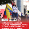 La líder opositora venezolana María Corina Machado y su partido Vente Venezuela (VV) convocaron una nueva movilización para este jueves 22 de octubre de 2026 para exigir la fecha de las elecciones presidenciales.